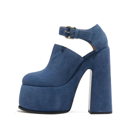 Suede Round Head Ankle Buckle Strap Thick Sole High Heels